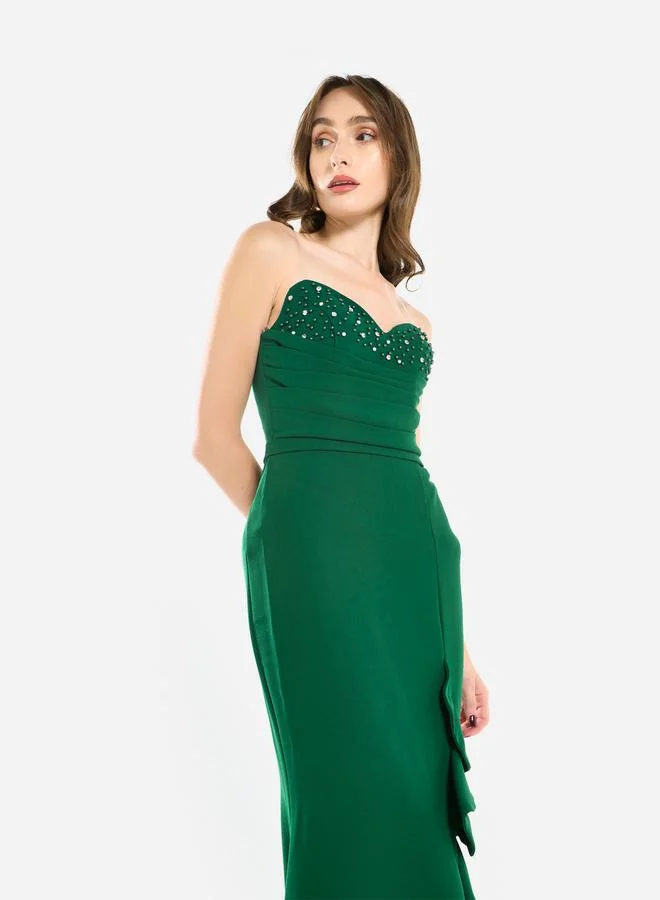 House of Moda Women Ruffled Cascade Beaded Gown Maxi Dress